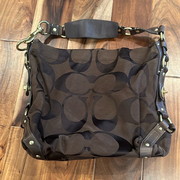 Coach Carly Brown Canvas Leather Trim Turnlock Zipper Closure Hobo Shoulder Bag - Picture 1 of 15